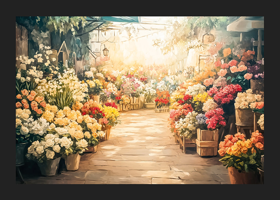 Un poster che cattura un mercato dei fiori illuminato dal sole con mazzi di fiori colorati-12