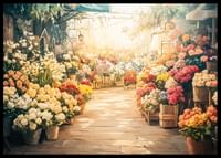 Un poster care surprinde o piață de flori luminată de soare cu buchete colorate-2