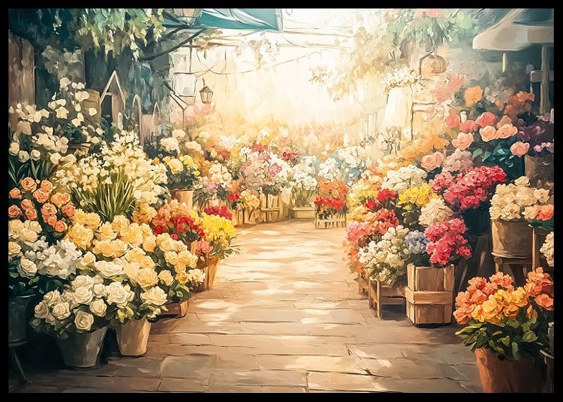 Un poster care surprinde o piață de flori luminată de soare cu buchete colorate-12