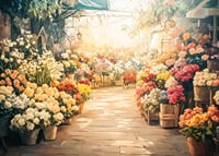 Un poster che cattura un mercato dei fiori illuminato dal sole con mazzi di fiori colorati-7