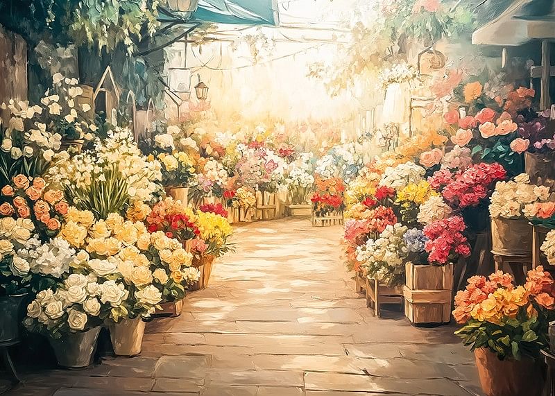 Un poster care surprinde o piață de flori luminată de soare cu buchete colorate-12