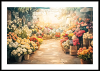 Un poster che cattura un mercato dei fiori illuminato dal sole con mazzi di fiori colorati-0