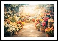 Un poster care surprinde o piață de flori luminată de soare cu buchete colorate-0