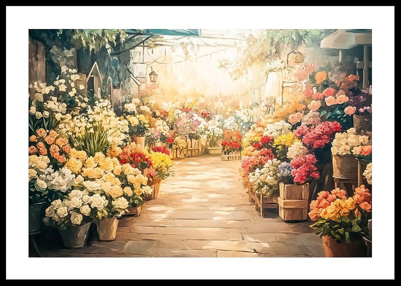 Un poster care surprinde o piață de flori luminată de soare cu buchete colorate-12