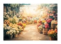 Un poster care surprinde o piață de flori luminată de soare cu buchete colorate-1
