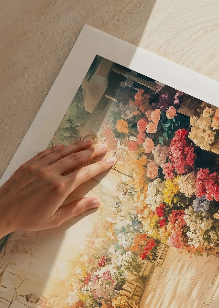 Un poster care surprinde o piață de flori luminată de soare cu buchete colorate-12