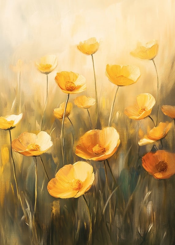 A poster of golden poppy flowers in soft sunshine -12