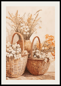 En poster med flätade korgar och blommor i varma jordtoner-2