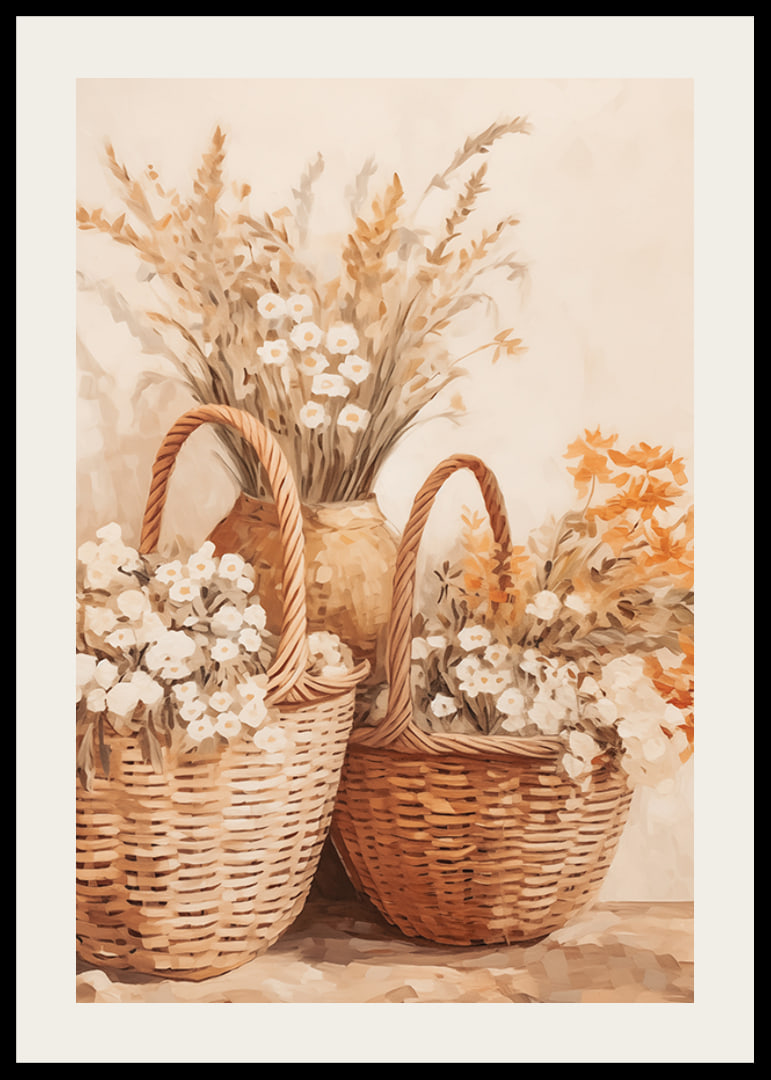 En poster med flätade korgar och blommor i varma jordtoner-12