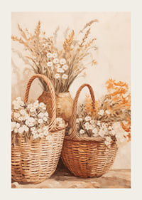 En poster med flätade korgar och blommor i varma jordtoner-3
