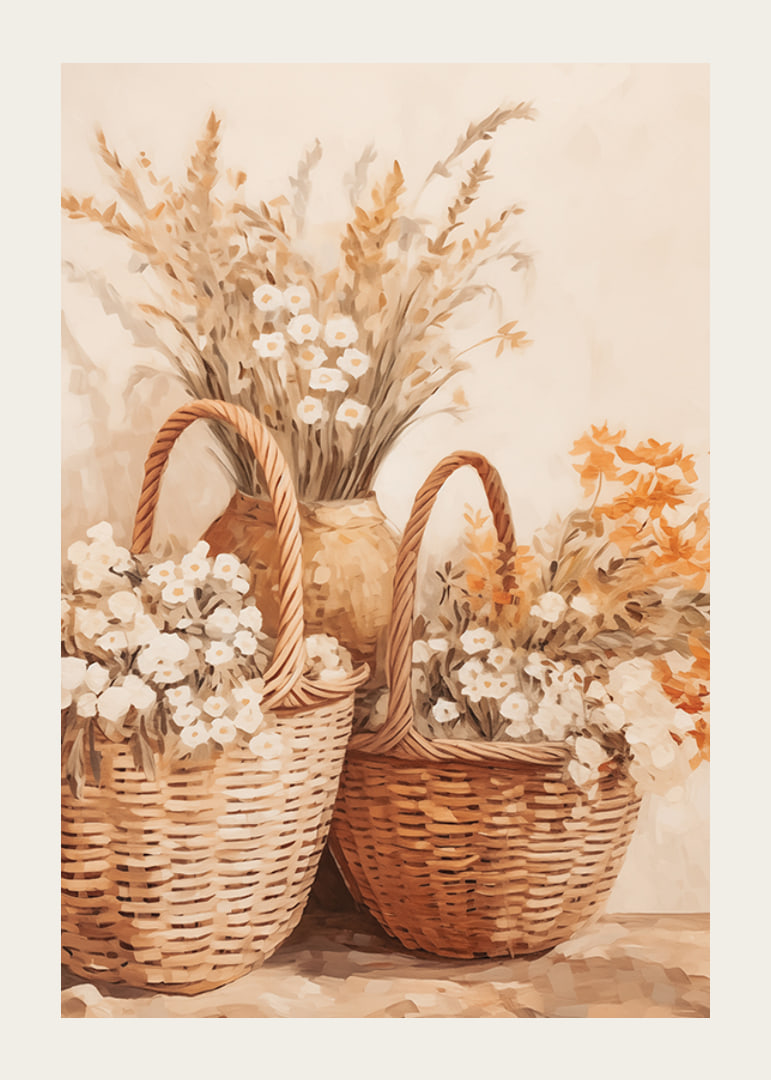En poster med flätade korgar och blommor i varma jordtoner-12