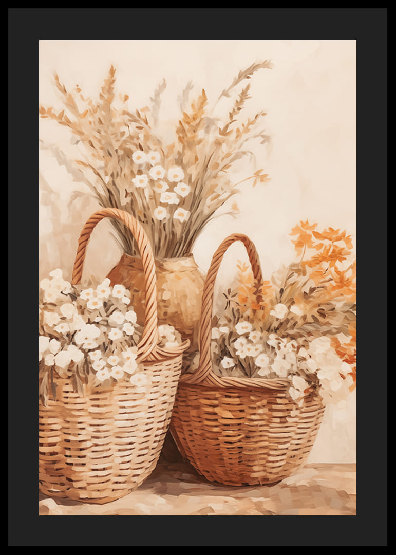 Une affiche avec des paniers en osier et des fleurs dans des tons chauds de terre-12