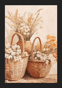 En poster med flätade korgar och blommor i varma jordtoner-5