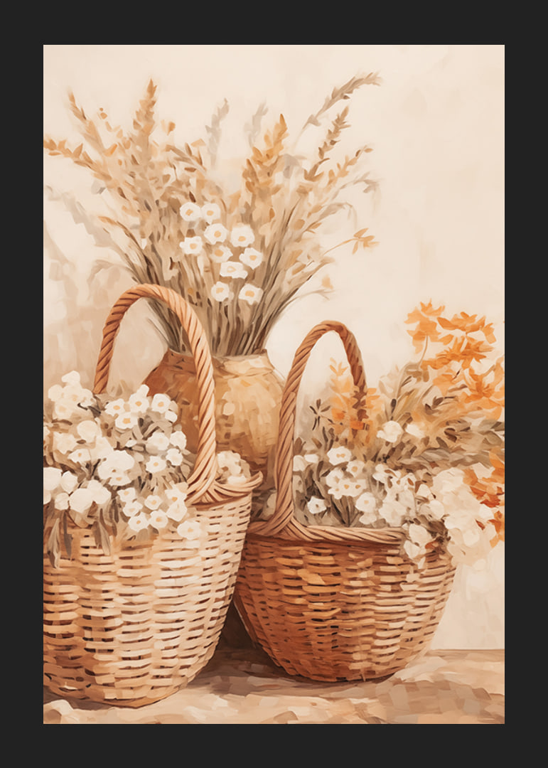 En poster med flätade korgar och blommor i varma jordtoner-12