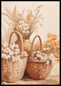En poster med flätade korgar och blommor i varma jordtoner-6