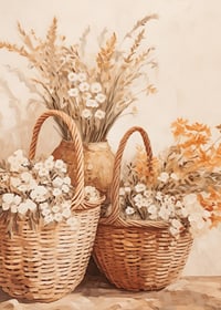 En poster med flätade korgar och blommor i varma jordtoner-7