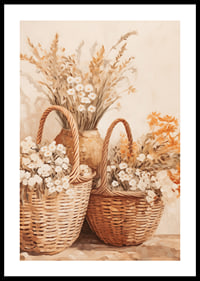 En poster med flätade korgar och blommor i varma jordtoner-0