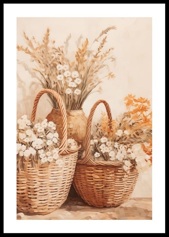 Une affiche avec des paniers en osier et des fleurs dans des tons chauds de terre-12