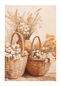 En poster med flätade korgar och blommor i varma jordtoner-1