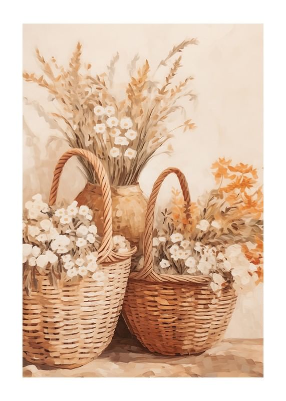 Une affiche avec des paniers en osier et des fleurs dans des tons chauds de terre-12