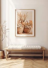 En poster med flätade korgar och blommor i varma jordtoner-8