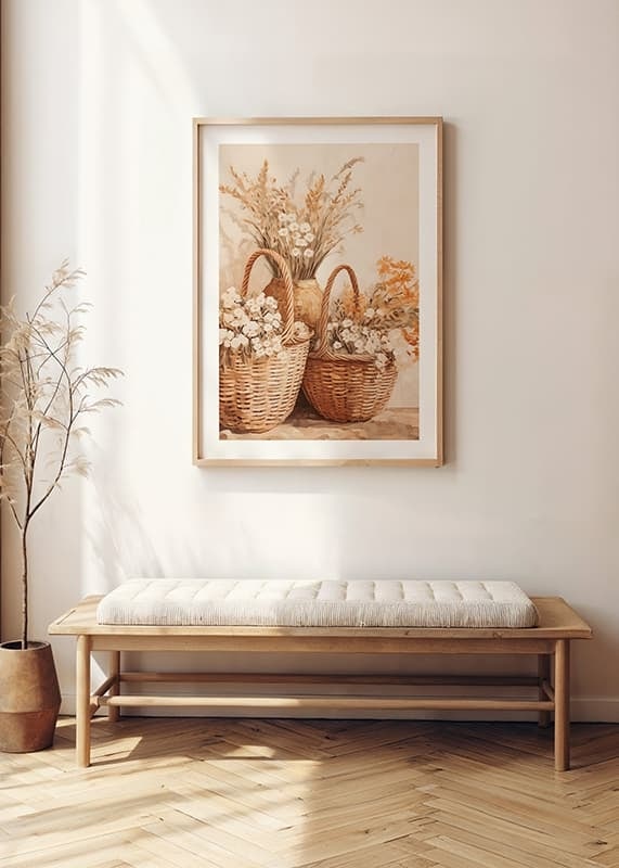 En poster med flätade korgar och blommor i varma jordtoner-12