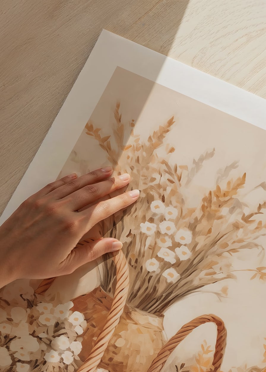 En poster med flätade korgar och blommor i varma jordtoner-12