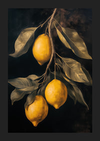 Un poster con limoni dorati su uno sfondo scuro -1