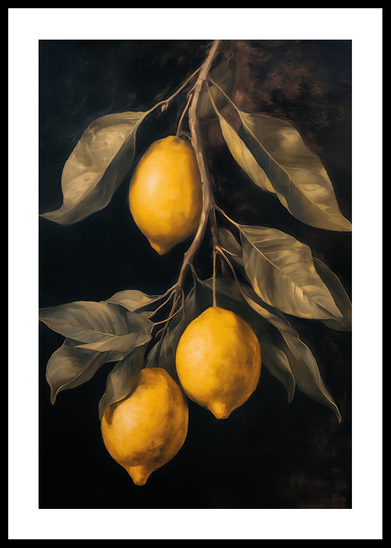 Un poster con limoni dorati su uno sfondo scuro -12
