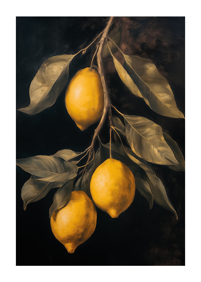 Un poster con limoni dorati su uno sfondo scuro -12