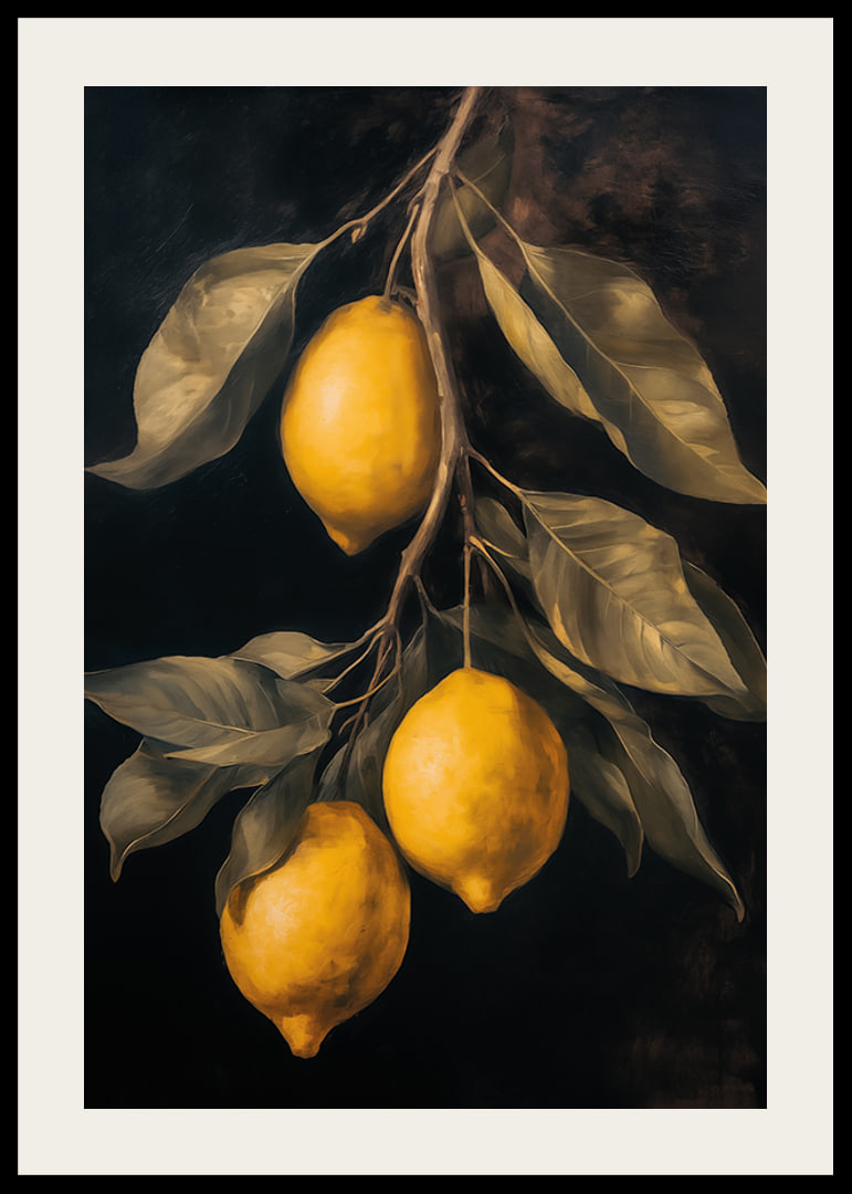 Un poster con limoni dorati su uno sfondo scuro -12