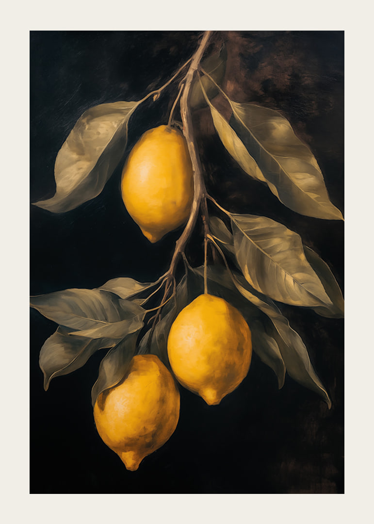 Un poster con limoni dorati su uno sfondo scuro -12
