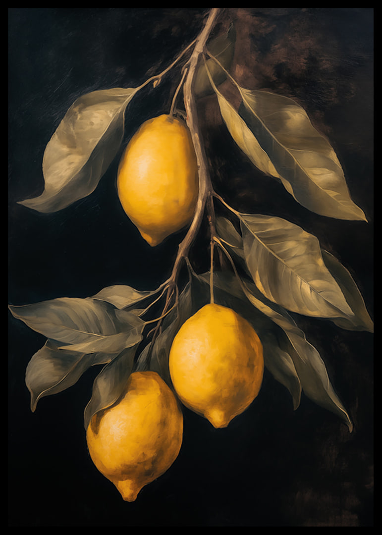 Un poster con limoni dorati su uno sfondo scuro -12