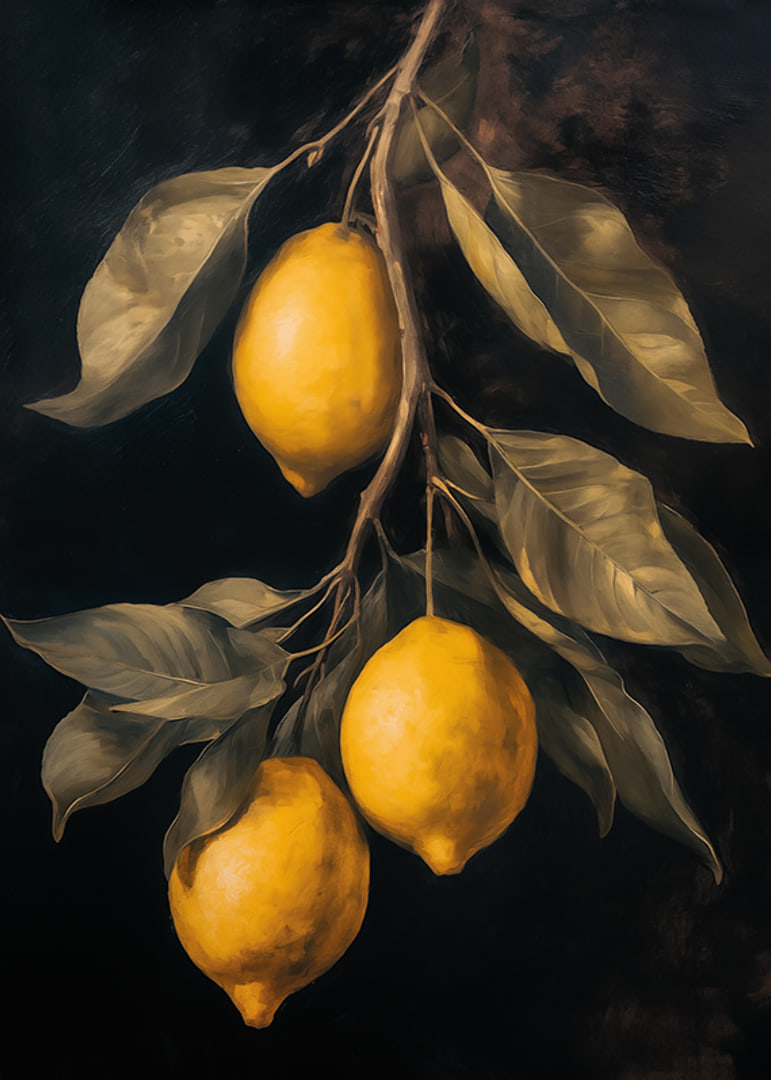 Un poster con limoni dorati su uno sfondo scuro -12