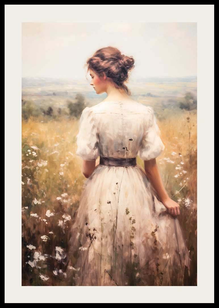 En poster som förmedlar tidlös elegans och stillhet med en kvinna på en blommande sommaräng-12