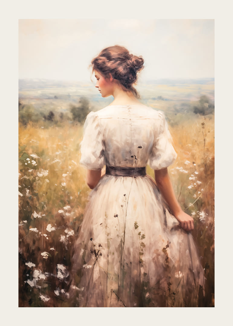 En poster som förmedlar tidlös elegans och stillhet med en kvinna på en blommande sommaräng-12