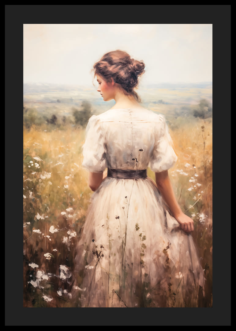 En poster som förmedlar tidlös elegans och stillhet med en kvinna på en blommande sommaräng-12