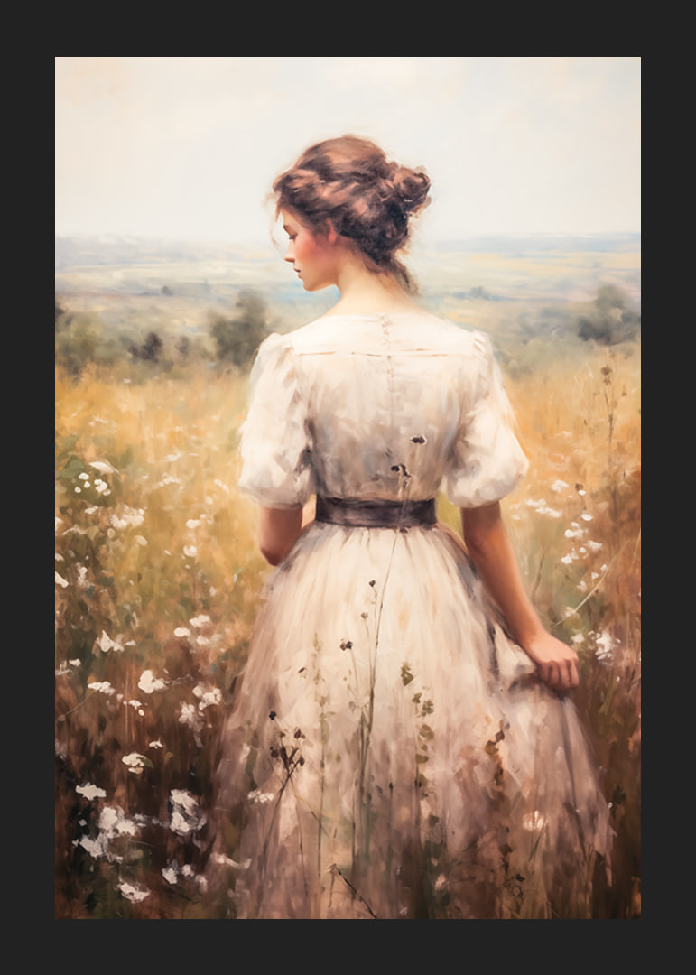A poster that conveys timeless elegance and tranquility with a woman in a blooming summer meadow-12