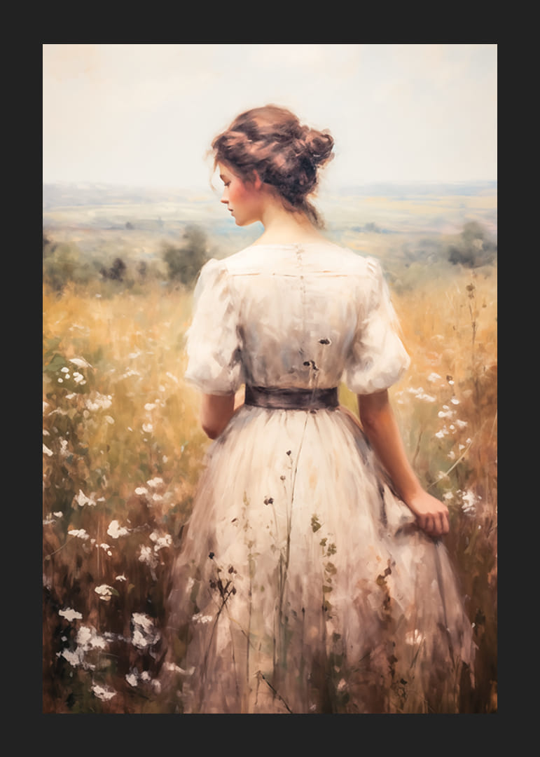 En poster som förmedlar tidlös elegans och stillhet med en kvinna på en blommande sommaräng-12