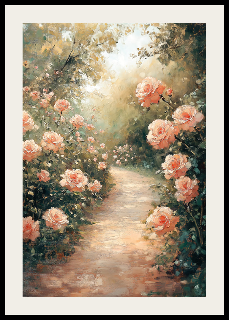 En poster som fångar en solbelyst stig omgiven av blomstrande rosor-12