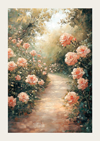En poster som fångar en solbelyst stig omgiven av blomstrande rosor-3