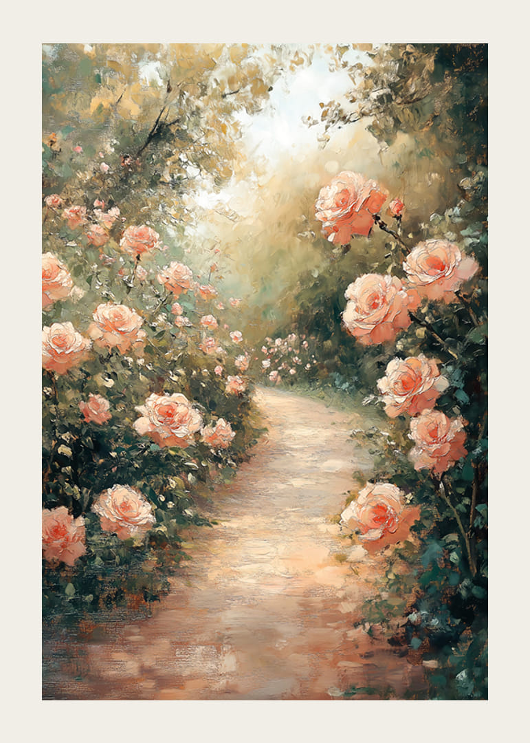 A poster capturing a sunlit path surrounded by blooming roses-12