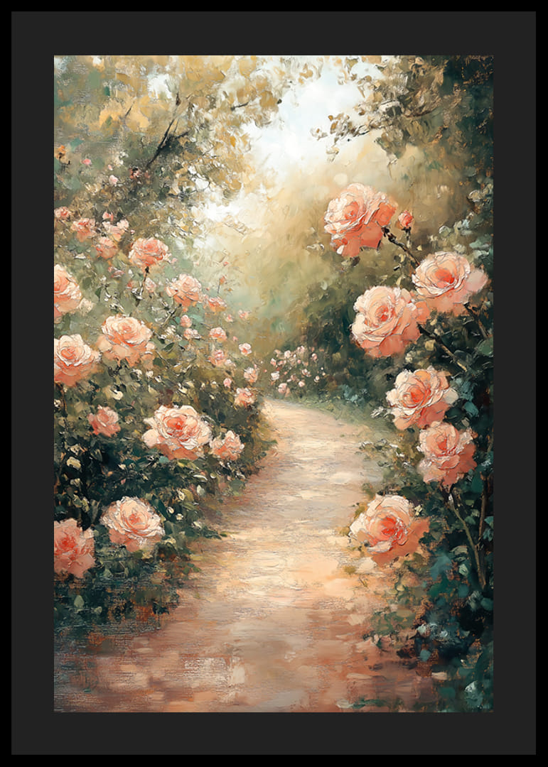 A poster capturing a sunlit path surrounded by blooming roses-12