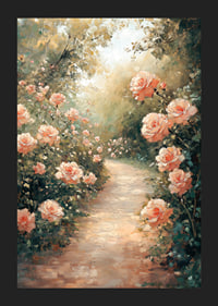 En poster som fångar en solbelyst stig omgiven av blomstrande rosor-5