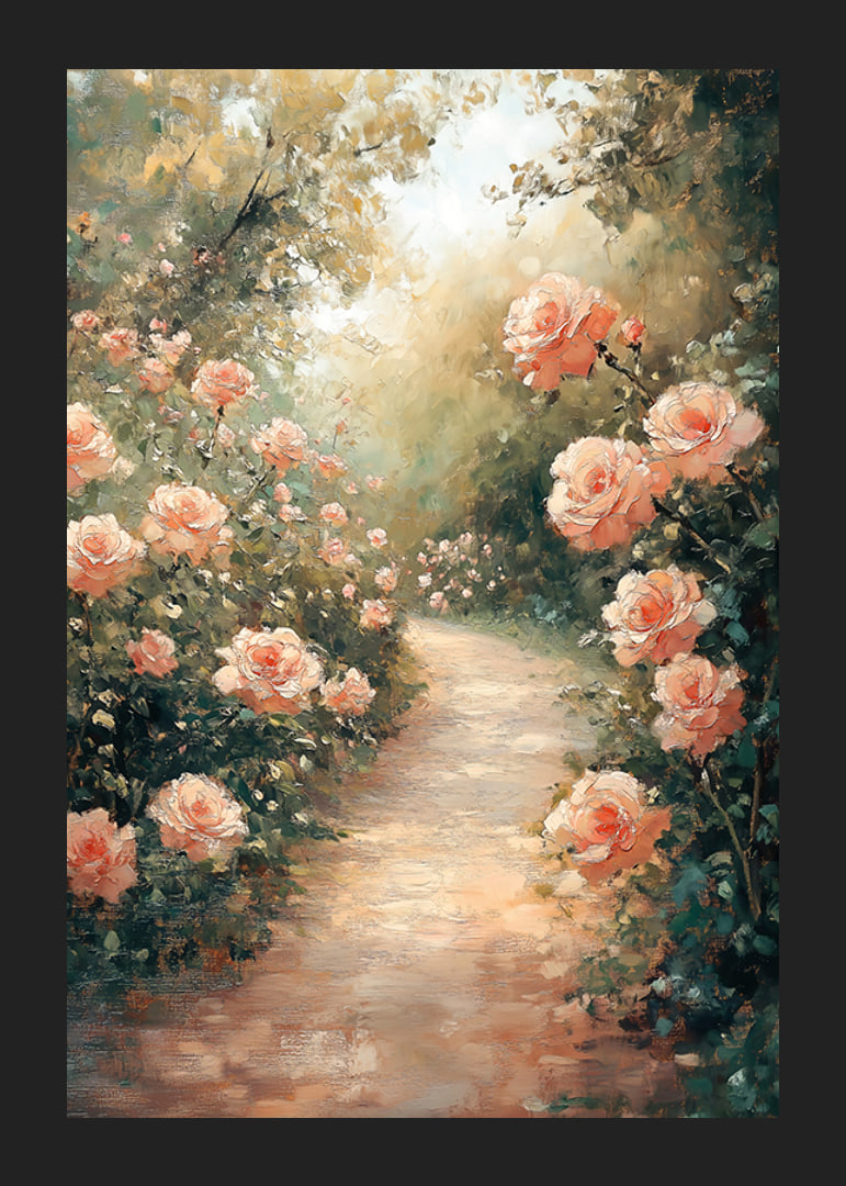 En poster som fångar en solbelyst stig omgiven av blomstrande rosor-12