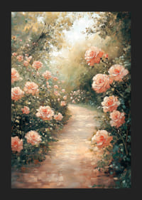 A poster capturing a sunlit path surrounded by blooming roses-5