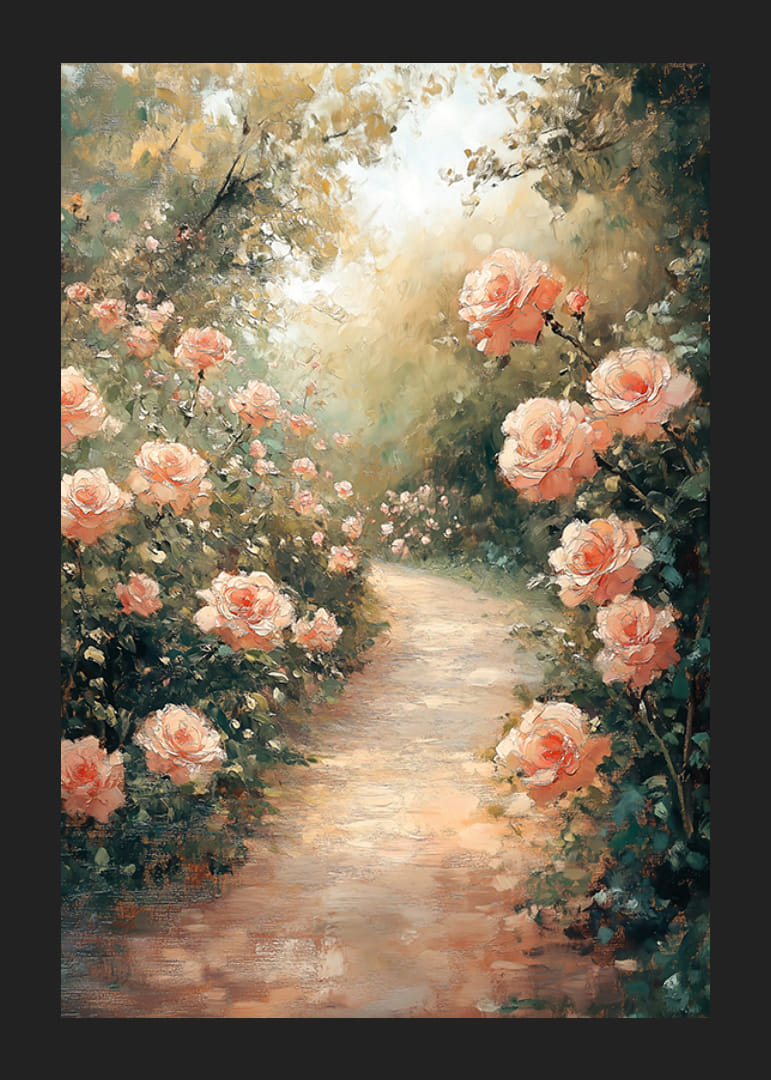 A poster capturing a sunlit path surrounded by blooming roses-12
