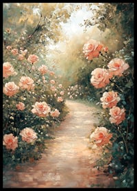 En poster som fångar en solbelyst stig omgiven av blomstrande rosor-6