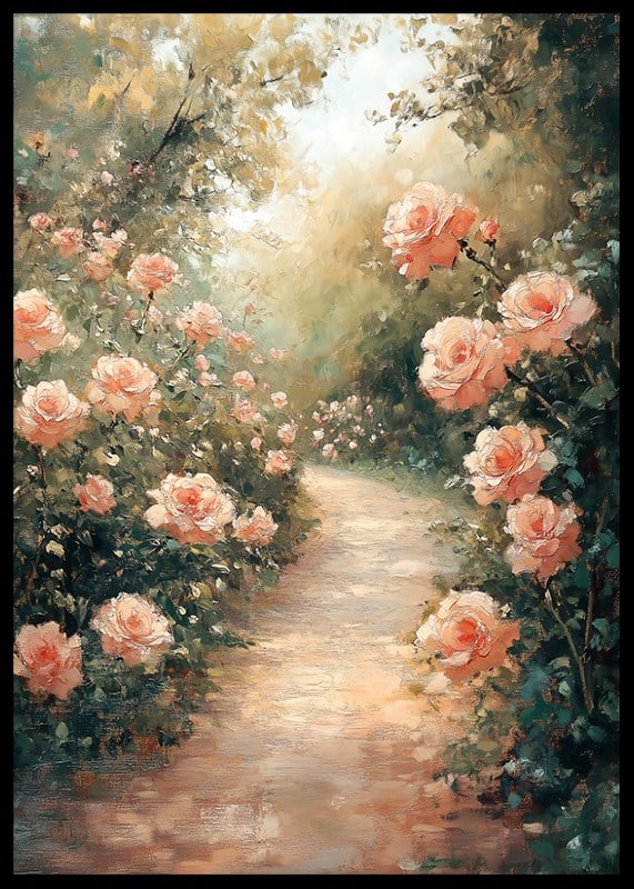 En poster som fångar en solbelyst stig omgiven av blomstrande rosor-12