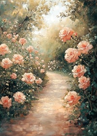 En poster som fångar en solbelyst stig omgiven av blomstrande rosor-7